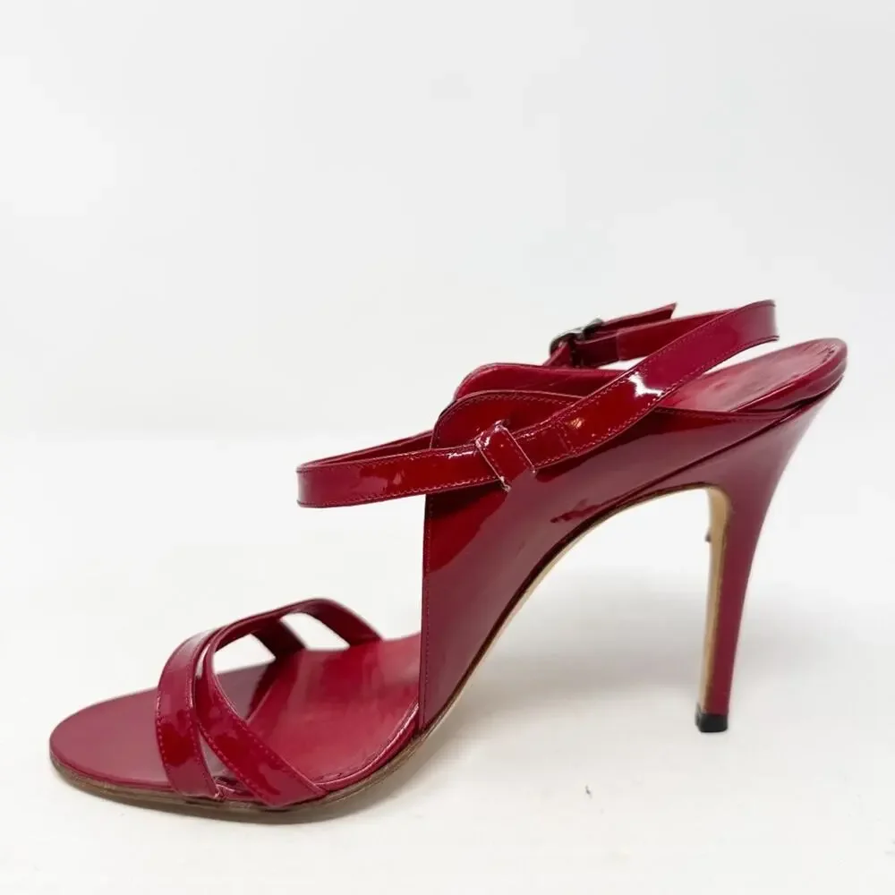 Manolo Blahnik Dodo Red Patent Leather Strappy Sandal Heels Womens Size EU 38.5